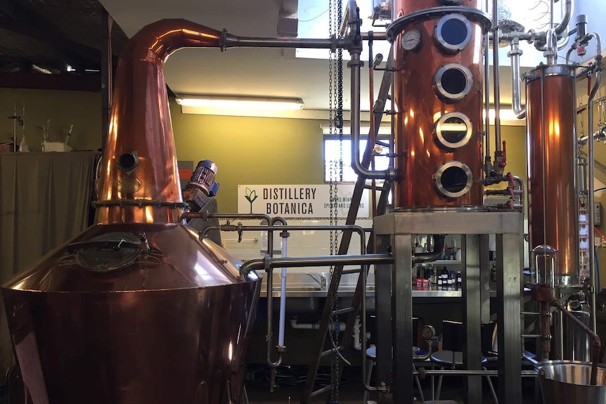copper stills with steel tubes, pressure gauges and glass portholes at a Distillery in New South Wales