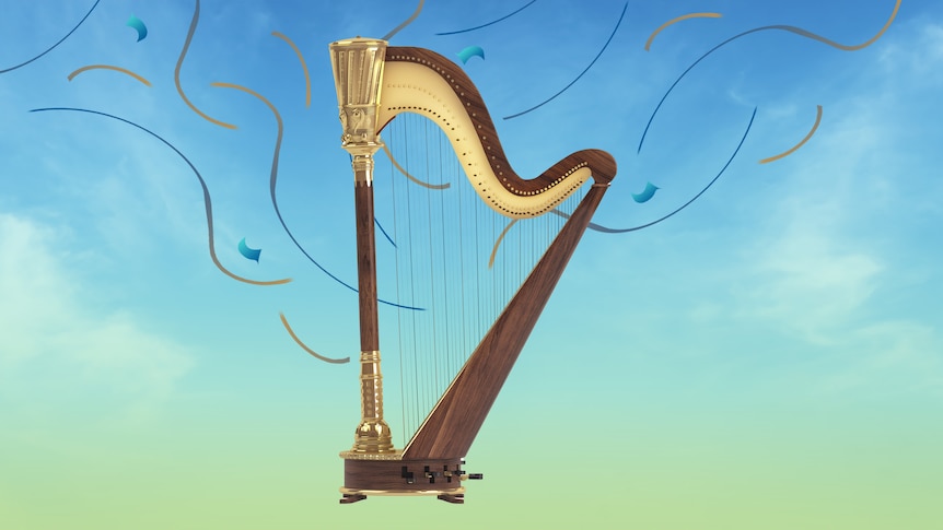 A harp sits over a blue to green gradient background with stylised streamers around it..