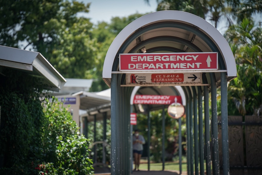 The entrance to the Katherine Hospital, emergency sign. 