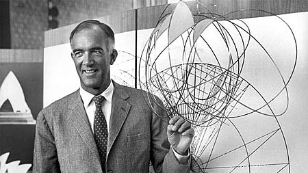 Architect Jorn Utzon shows off his Sydney Opera House design in 1967.
