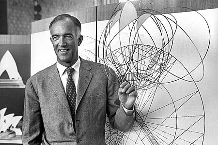 Architect Jorn Utzon shows off his Sydney Opera House design in 1967.