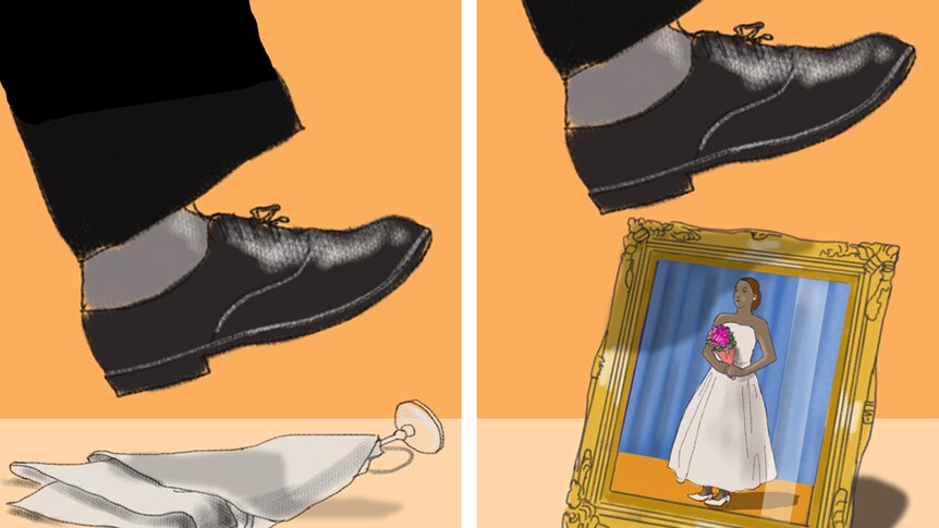An illustration shows a man's foot about to stomp on a wine glass and a photo frame.