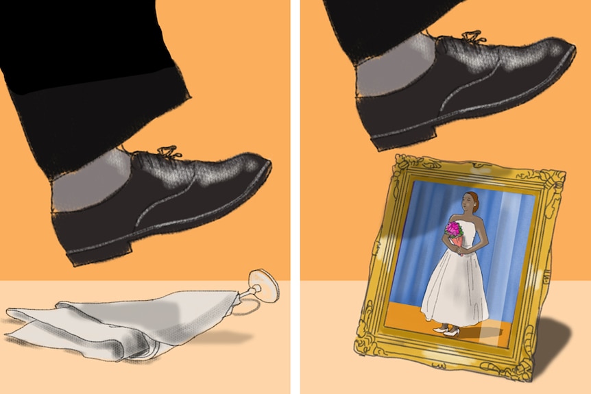 An illustration shows a man's foot about to stomp on a wine glass and a photo frame.