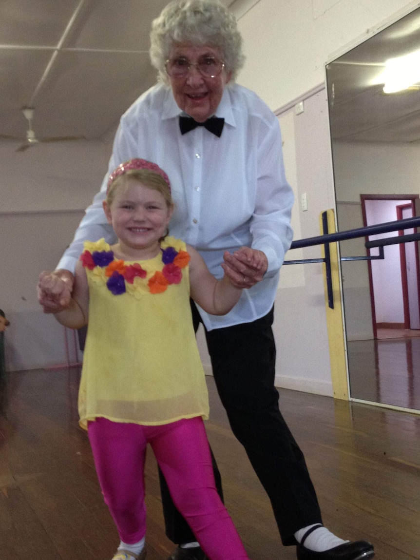 84-year-old tap dancer Gwen McCarthy, with her four-year-old great grand-daughter Mia,  from Charleville