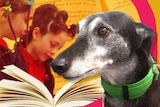 A graphic with two young girls and a greyhound dog on the right with a book next to him.