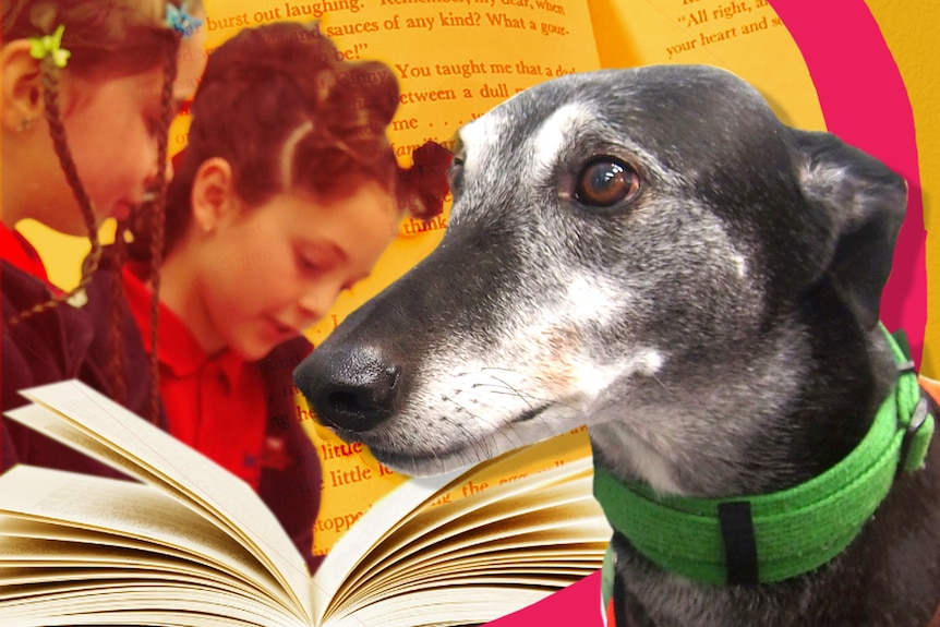 A graphic with two young girls and a greyhound dog on the right with a book next to him.