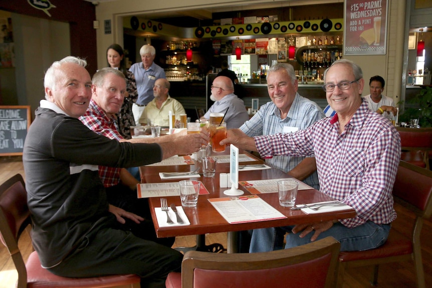A group of childhood friends reconvene at a Perth pub after connecting through Facebook