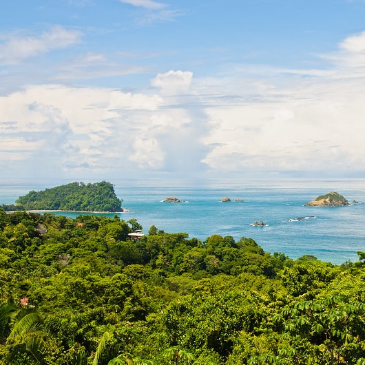 On a bright day, you look over a verdant tropical canopy to azure ocean waters with small islands in the distance.