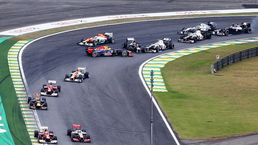 Sebastian Vettel's title was in doubt early on when he spun out alongside Bruno Senna during the opening lap.