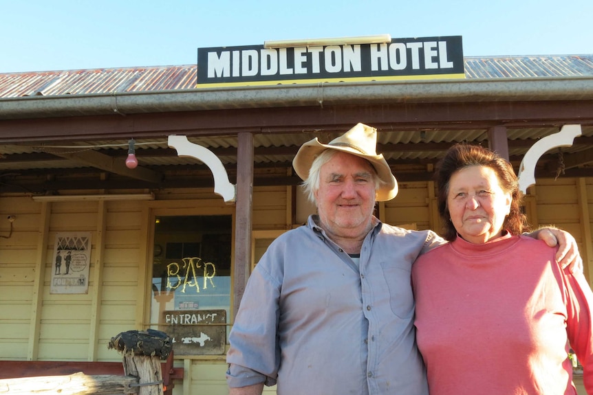 Publican Lester and Val Cain outside their Middleton Hotel, 170 kilometres west of Winton in central-west Queensland.