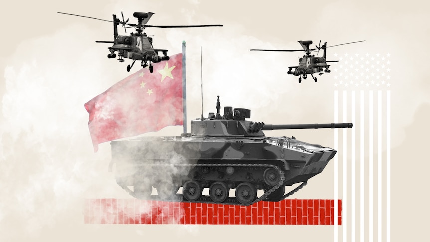graphic image of a black tank on a red brick wall, red Chinese flag and two helicopters flying through smoke