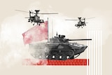 graphic image of a black tank on a red brick wall, red Chinese flag and two helicopters flying through smoke