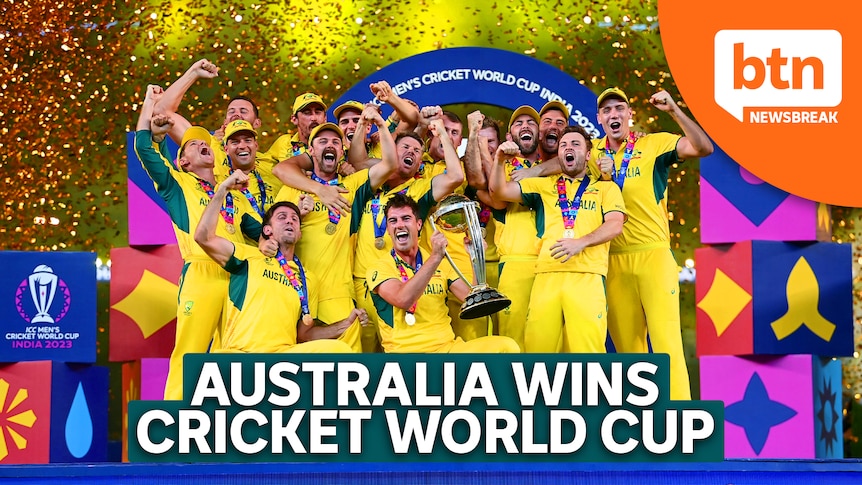 The Australian Cricket team celebrates winning the cricket world cup.