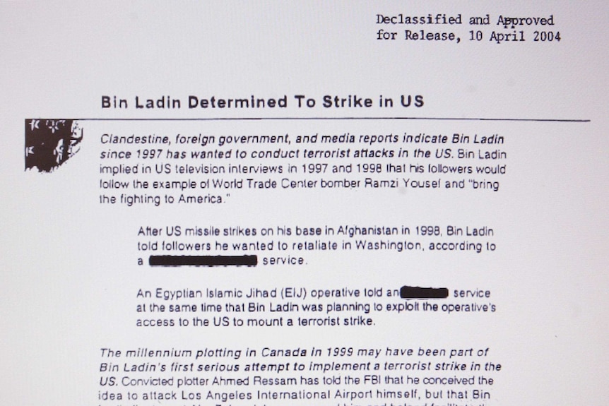 A screenshot of an email shows details of a security briefing about  Bin Laden's plans to conduct terrorist attacks in the US.