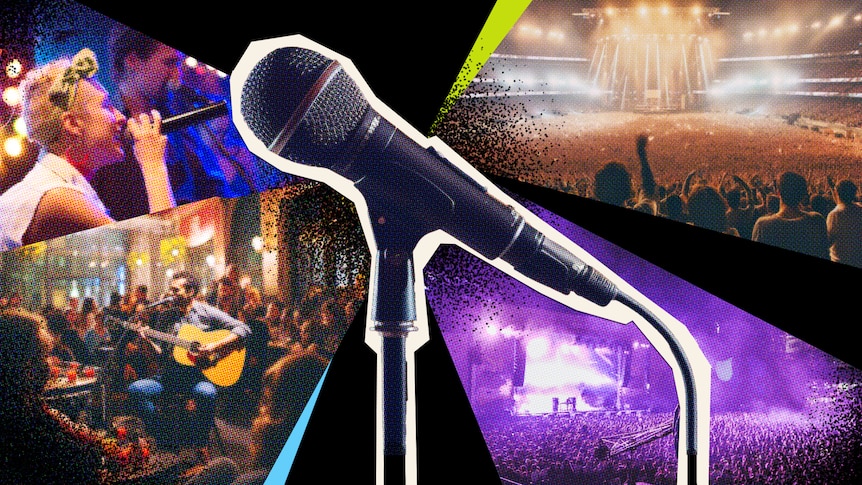 A collage of images: A microphone, and four live gigs, including a woman singing and a man sitting and playing guitar 