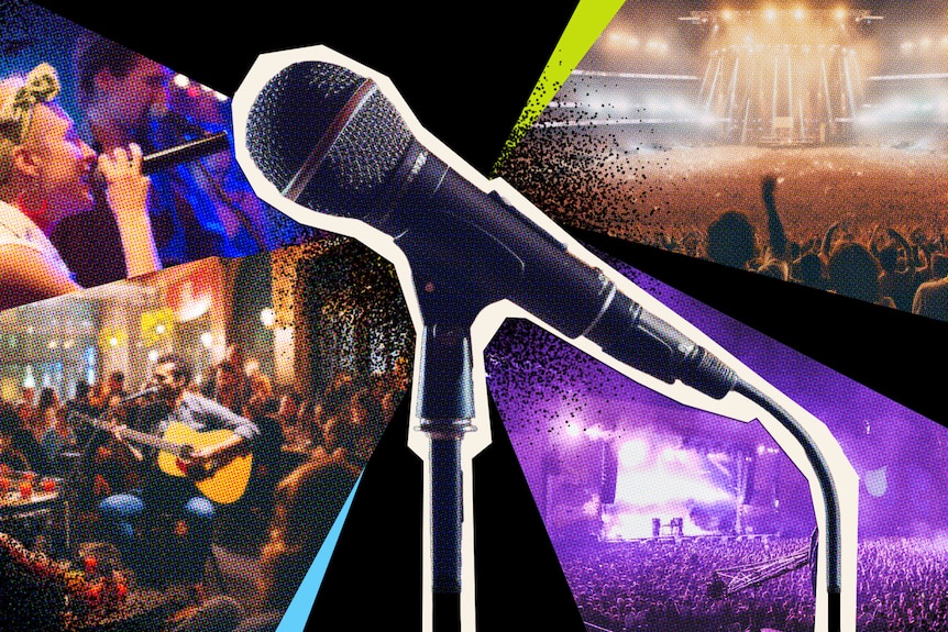 A collage of images: A microphone, and four live gigs, including a woman singing and a man sitting and playing guitar 