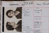 Black and white photos of a woman stuck to a lined page, copperplate writing