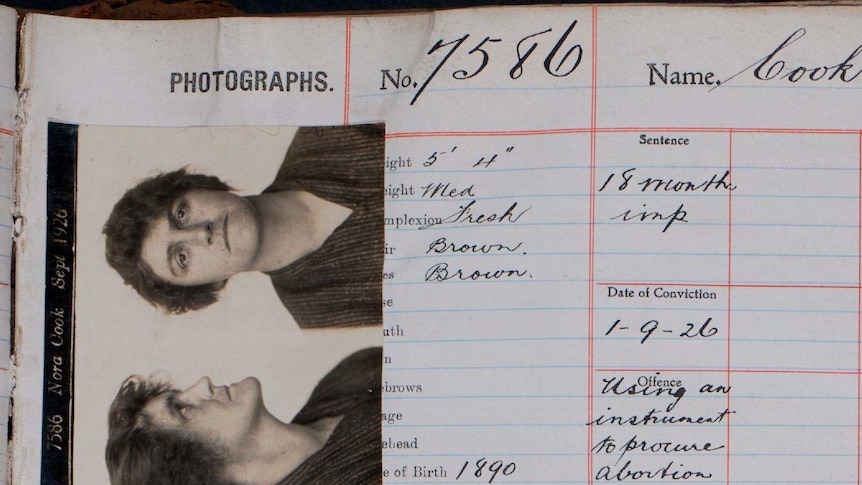 Black and white photos of a woman stuck to a lined page, copperplate writing