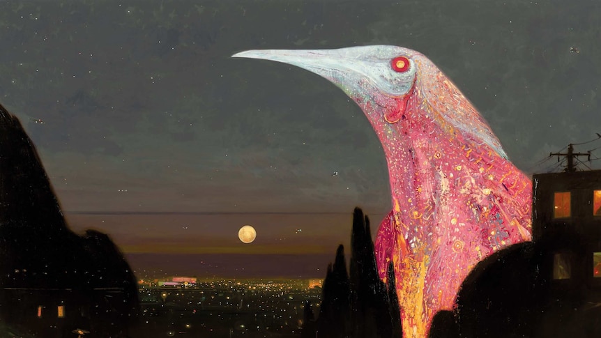 Shaun Tan drawing of a red bird, with the moon low in the night sky in the background
