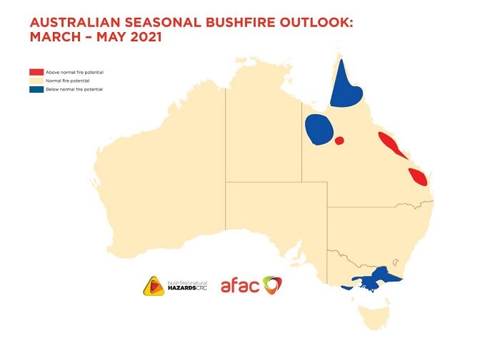 map of Aus showing above average fire potential in parts of Qld but below normal for northern Qld and parts of Vic
