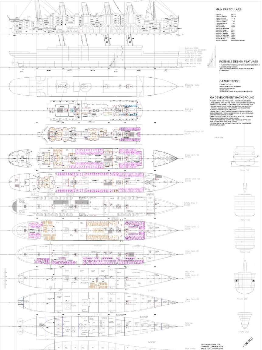 The plan from deck D upwards keep the public rooms, stairs, cabins and other features in similar locations as in the original ship.