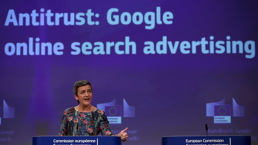 European Competition Commissioner Margrethe Vestager speaks during a media conference at EU headquarters in Brussels