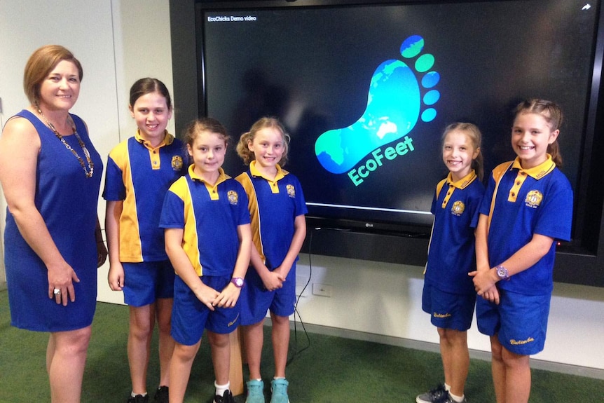 Students from Bulimba State School in Brisbane in the EcoChicks team with their app Ecofeet