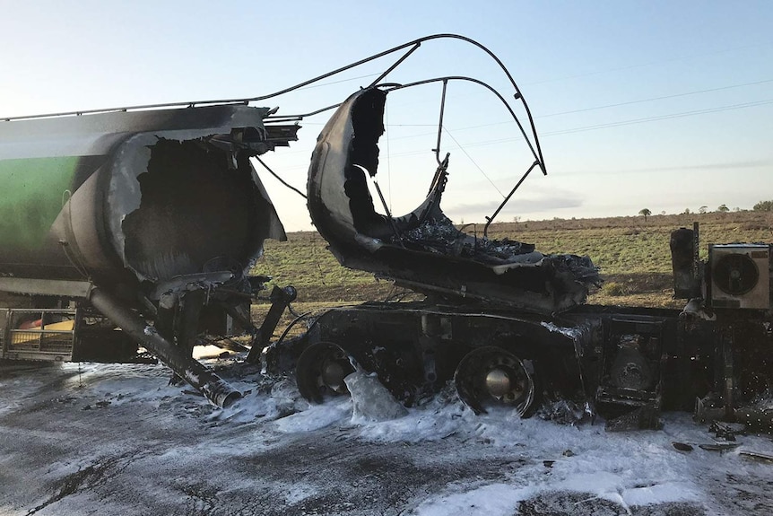 A burnt-out fuel tanker after an explosion