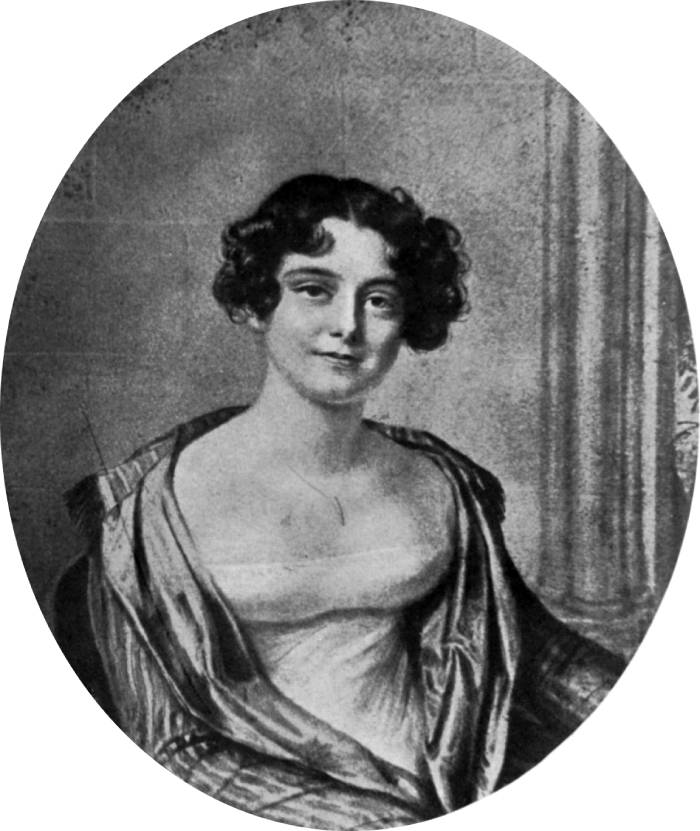 Black and white photo of painting of a woman from the 1800s, hair curled in front, off the shoulder dress, wears a cape.
