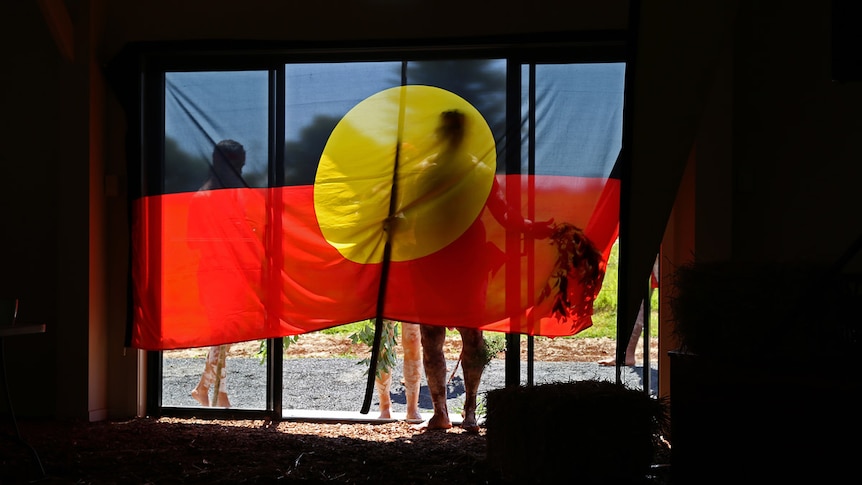 Dancers behind Aboriginal flag