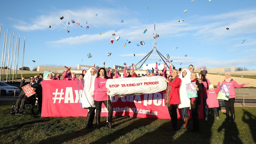 A group throws tampon boxes and sanitary pads in the air outside Parliament House. They hold a 'Stop taxing my period' sign.
