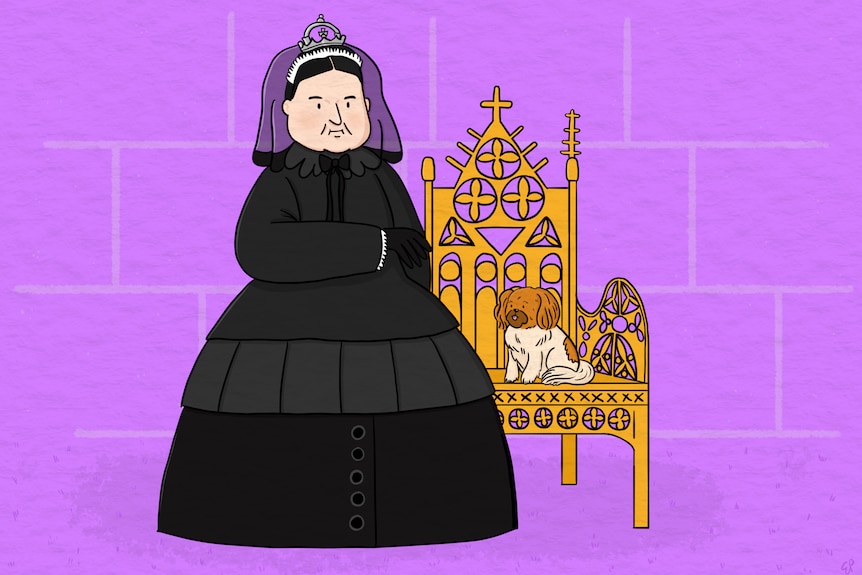 Cartoon illustration of Queen Victoria dressed in black standing next to a small dog who sits on an ornate chair.