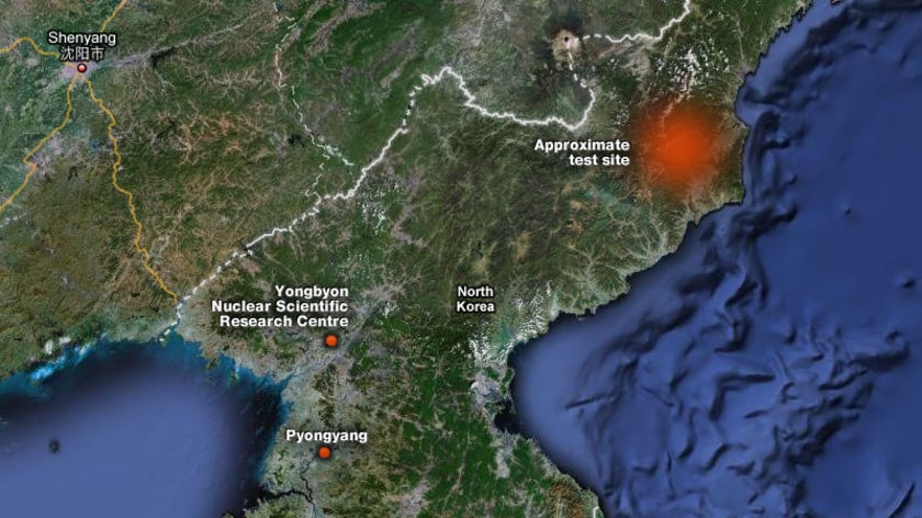 A map shows the approximate location of the test site of the nuclear bomb which North Korea detonate