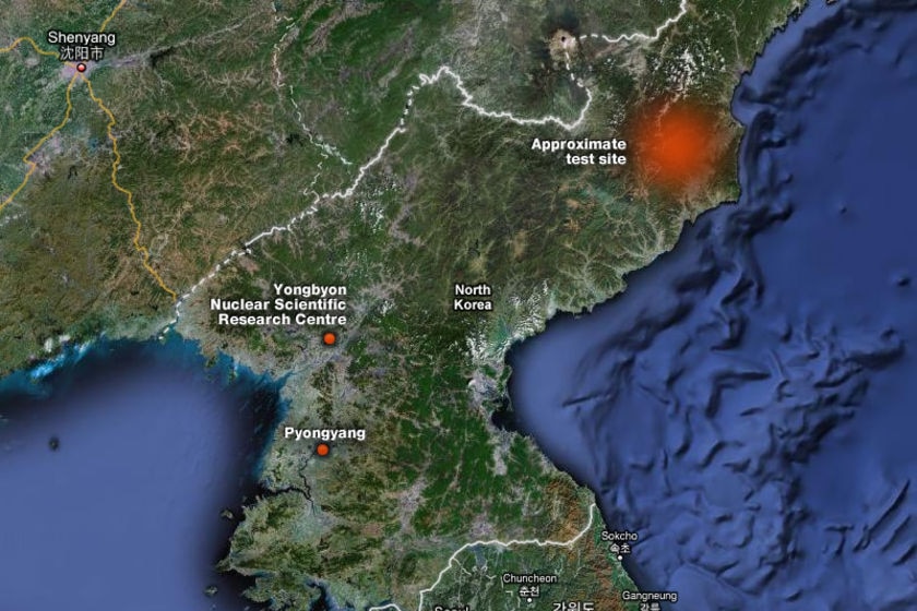 A map shows the approximate location of the test site of the nuclear bomb which North Korea detonate