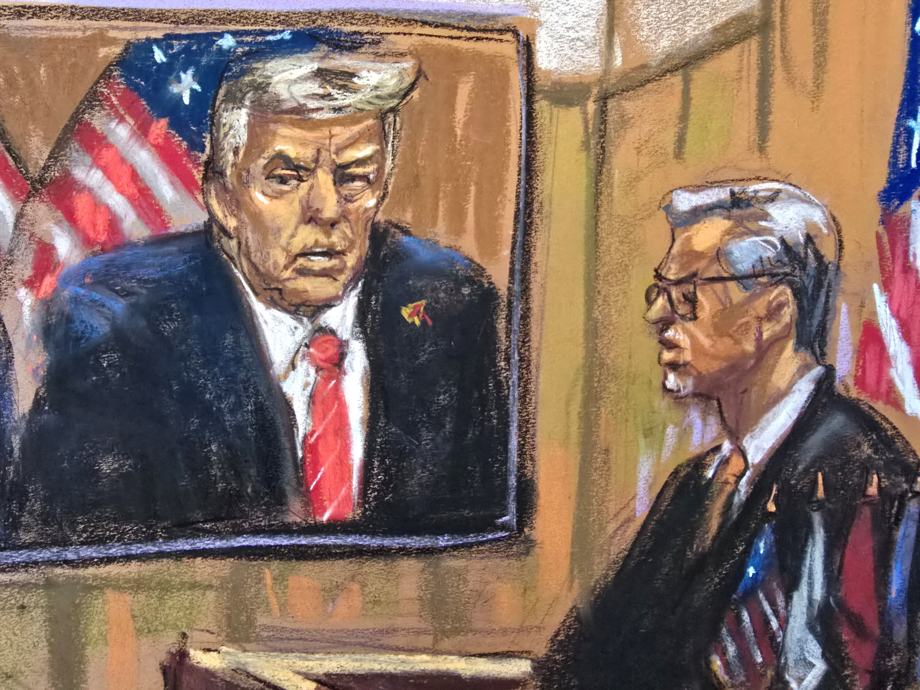A courtroom sketch, showing Mr Trump on a TV being sentenced by a judge sitting at the bench.