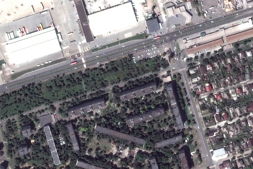 A satellite image of apartment buildings in Mariupol before the invasion.