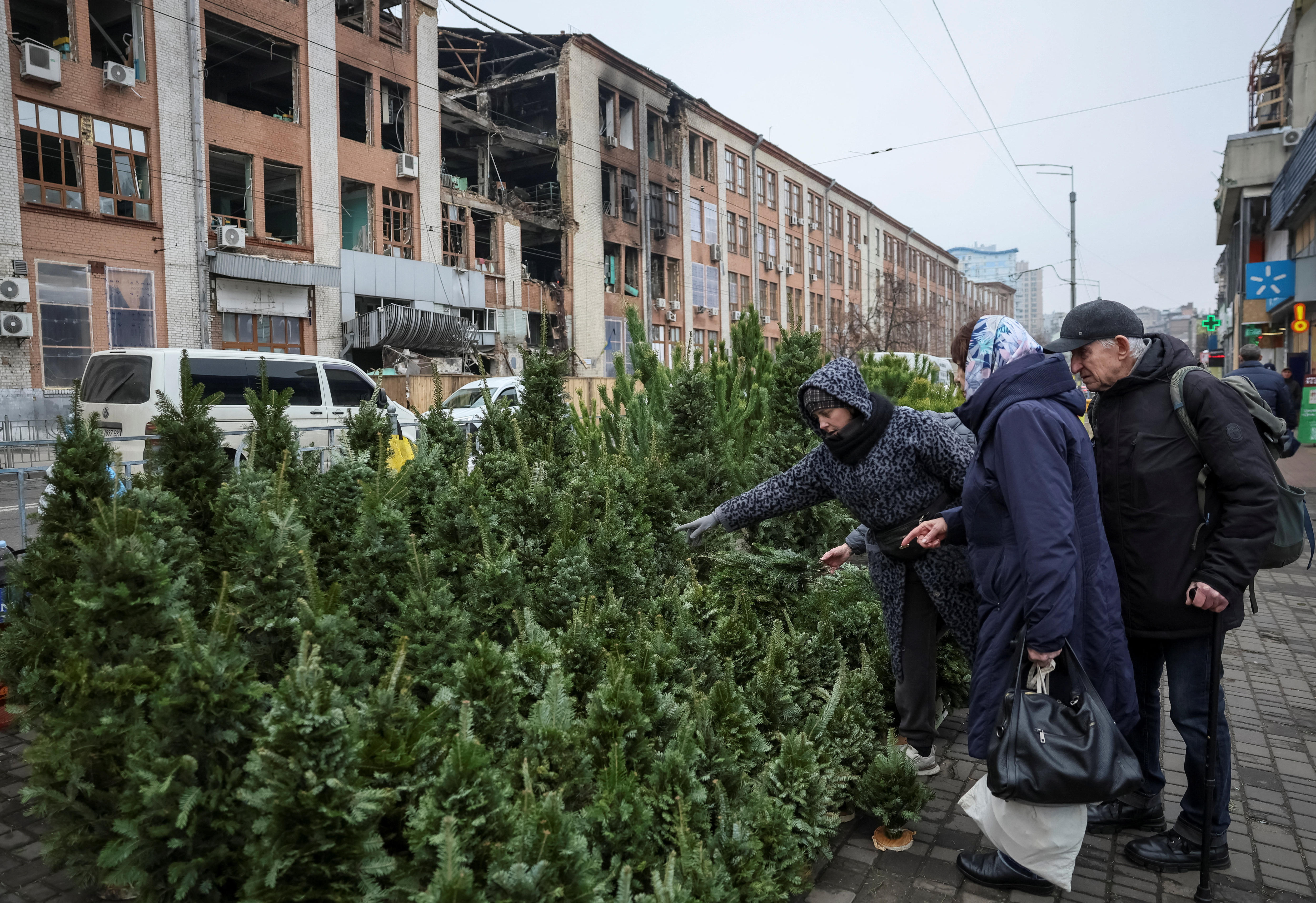 Three people picking out Christmas trees lined up along a road with a damaged building behind them.