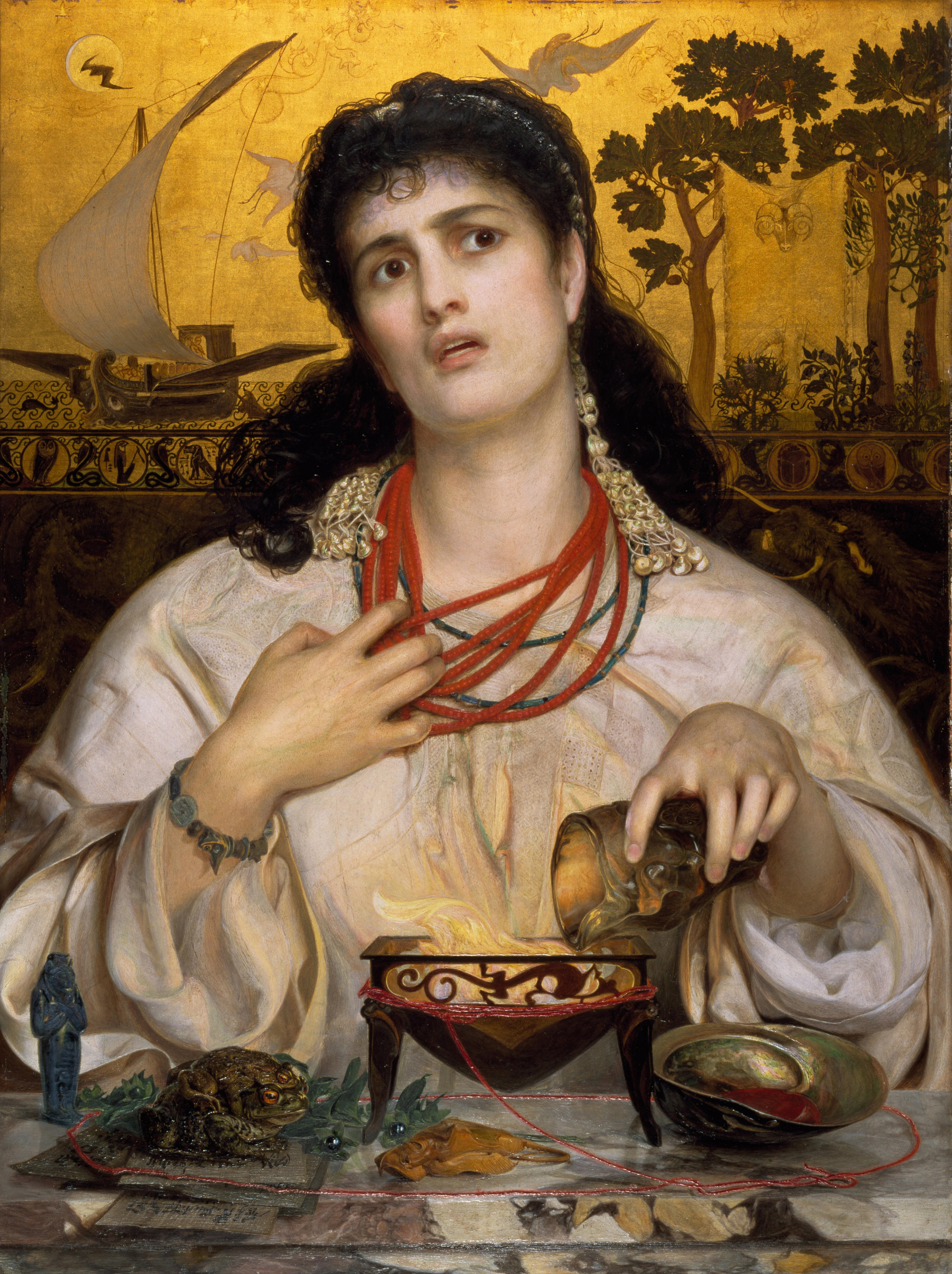 Colour painting of woman with pained expression, pulling at red necklace around her neck and pouring liquid into flaming bowl.