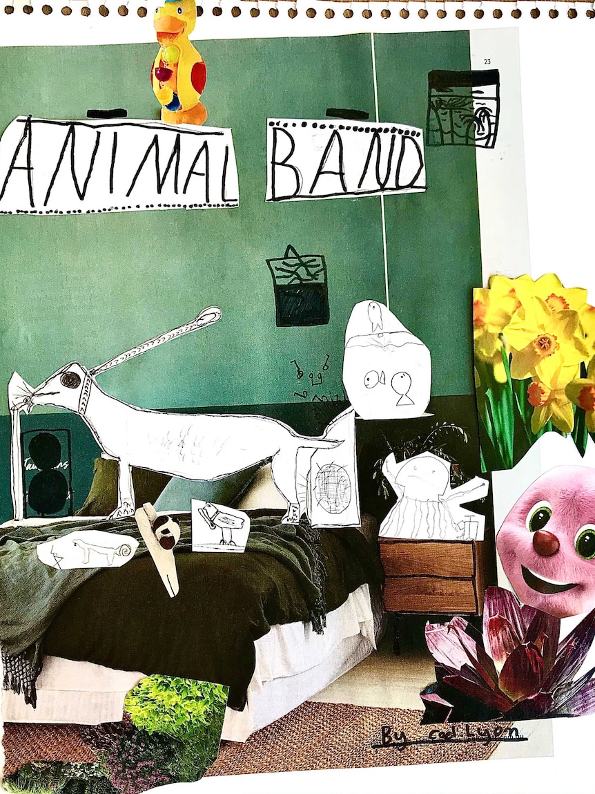 A collage of showing animals playing instruments under the words "Animal Band".