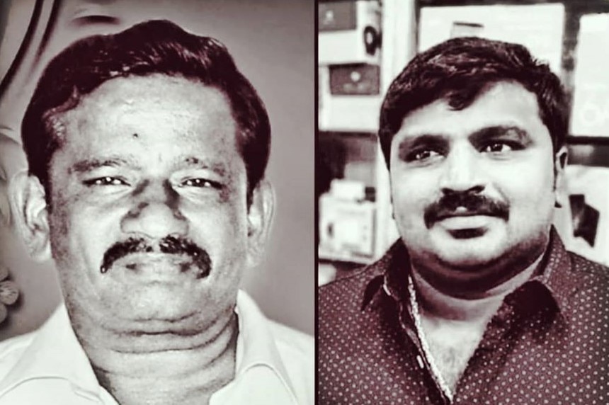 A composite image of two black and white portraits of Jeyaraj and Beniks