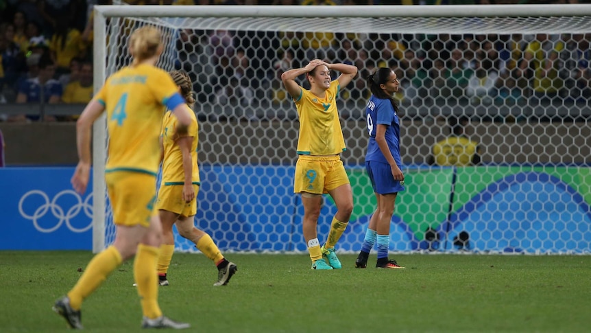 Caitlin Foord rues a missed shot against Brazil