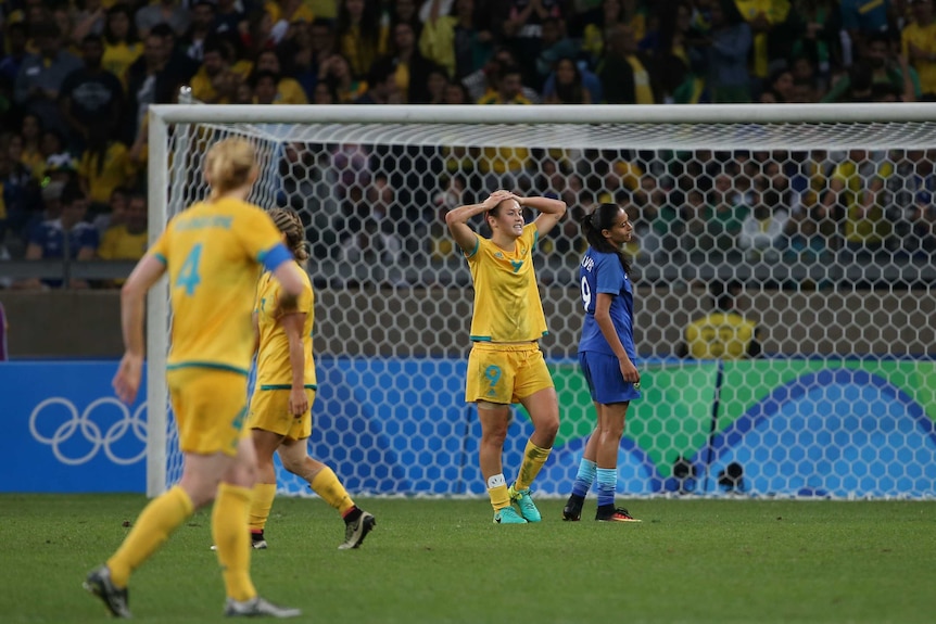 Caitlin Foord rues a missed shot against Brazil