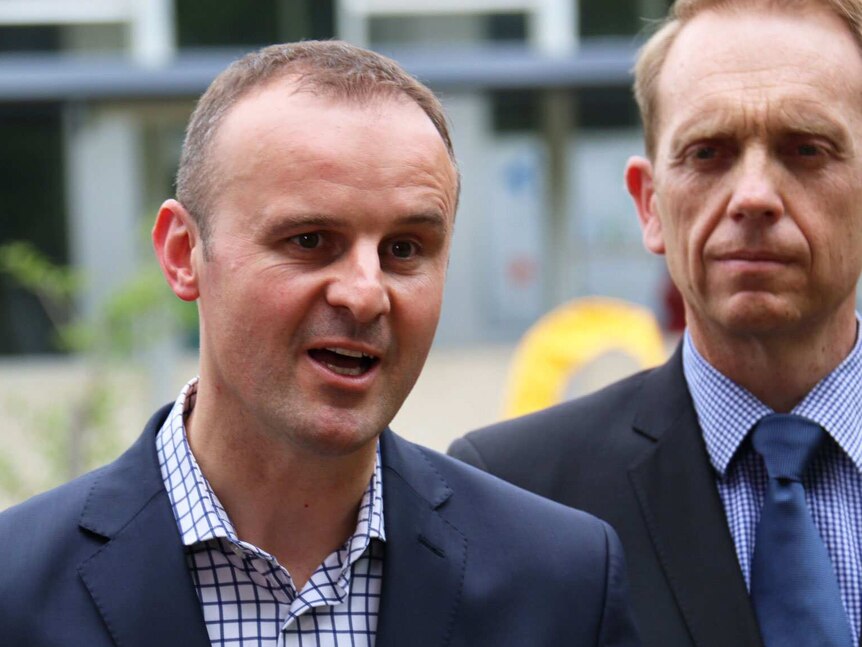 Incoming ACT Chief Minister Andrew Barr and Deputy Leader Simon Corbell at a press conference.