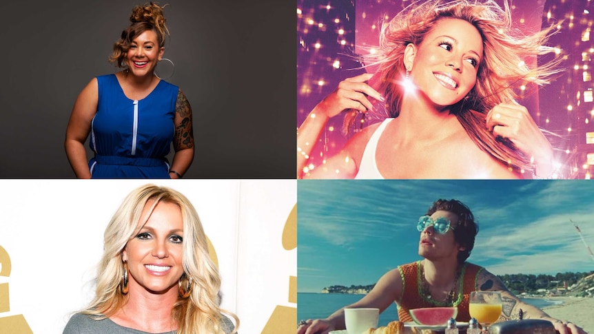 4 images: Maria Lewis smiles, Mariah Carey in Glitter, Britney Spears smiles, Harry Styles in the Watermelon Sugar music video