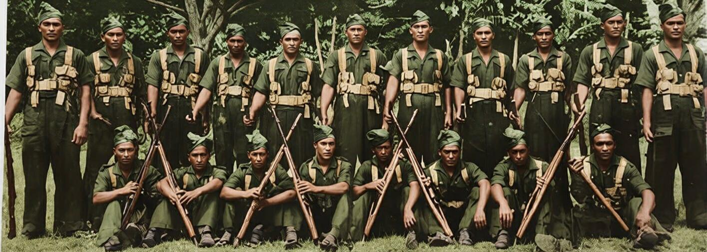 Cook Islands soldiers standing next to each other wearing khaki uniforms and holding rifles. 
