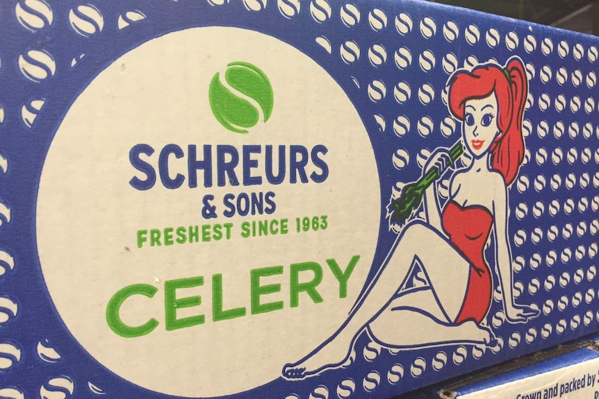 Schreurs & Sons logo features red-headed woman eating celery sticks.
