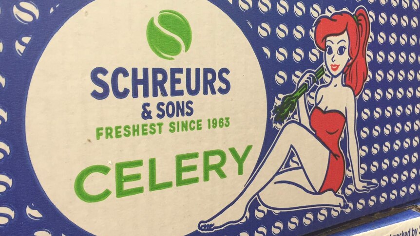 Schreurs & Sons logo features red-headed woman eating celery sticks.