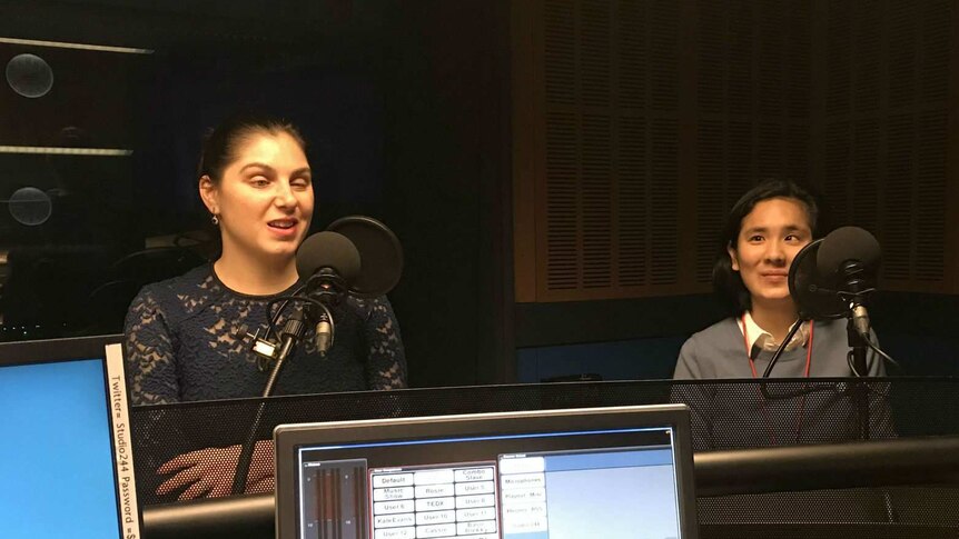 Nas Campanella (L) and Bec Wong (R) sit in the triple j newsroom for an interview