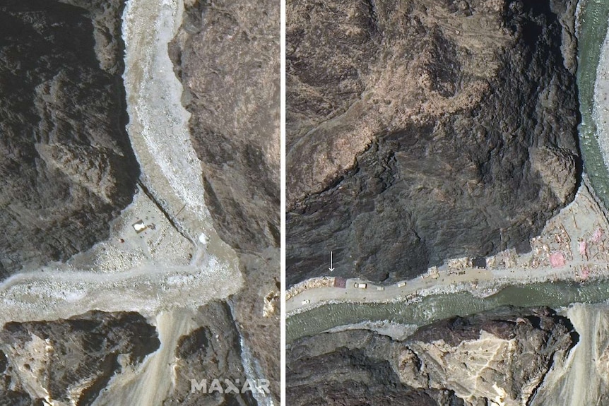 Two satellite images of the Galwan Valley, the left taken in May, the right in June, the latter shows Chinese building activity