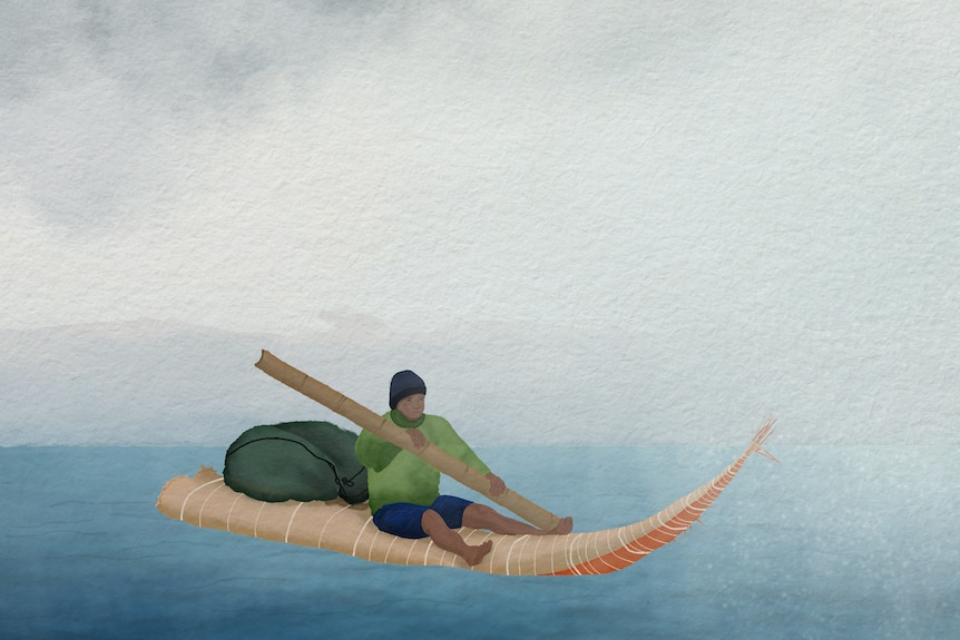 Watercolour painting of fisherman in traditional reed boat on ocean with storm clouds overhead.